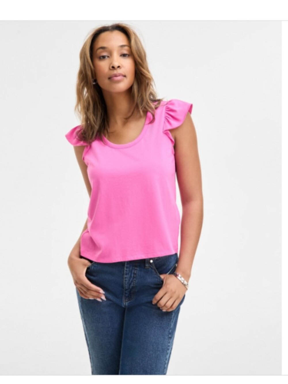 On 34th Women's Striped Flutter-Sleeve Voop-Neck T-Shirt Pink Dazzle